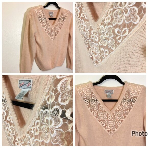 Vintage 80s Angora Blend Sweater Deep V Lace Grannycore Grandma Coquette (T6) - Picture 3 of 13